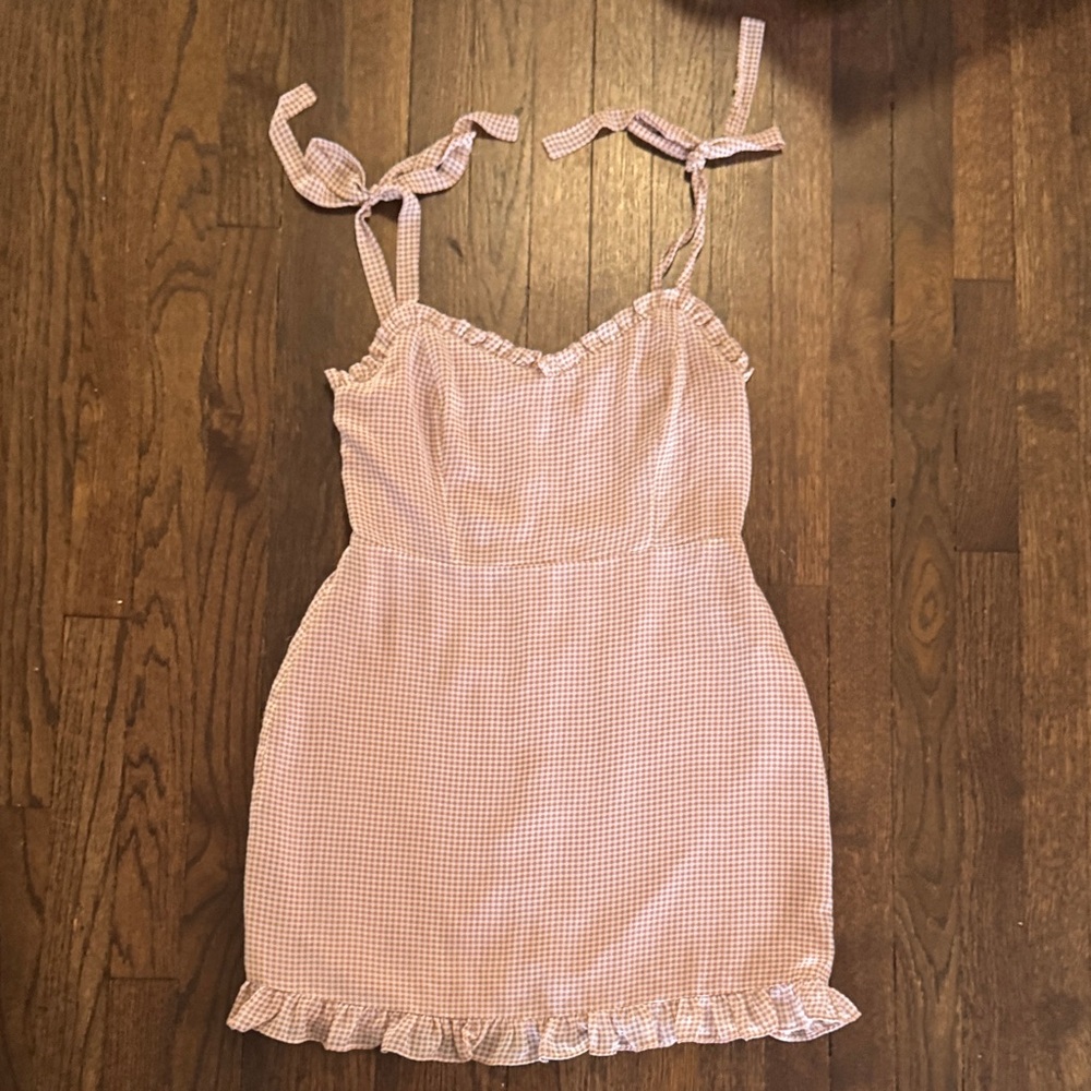 Le Lis Pink Gingham Tie-Shoulder Ruffle Mini Dress